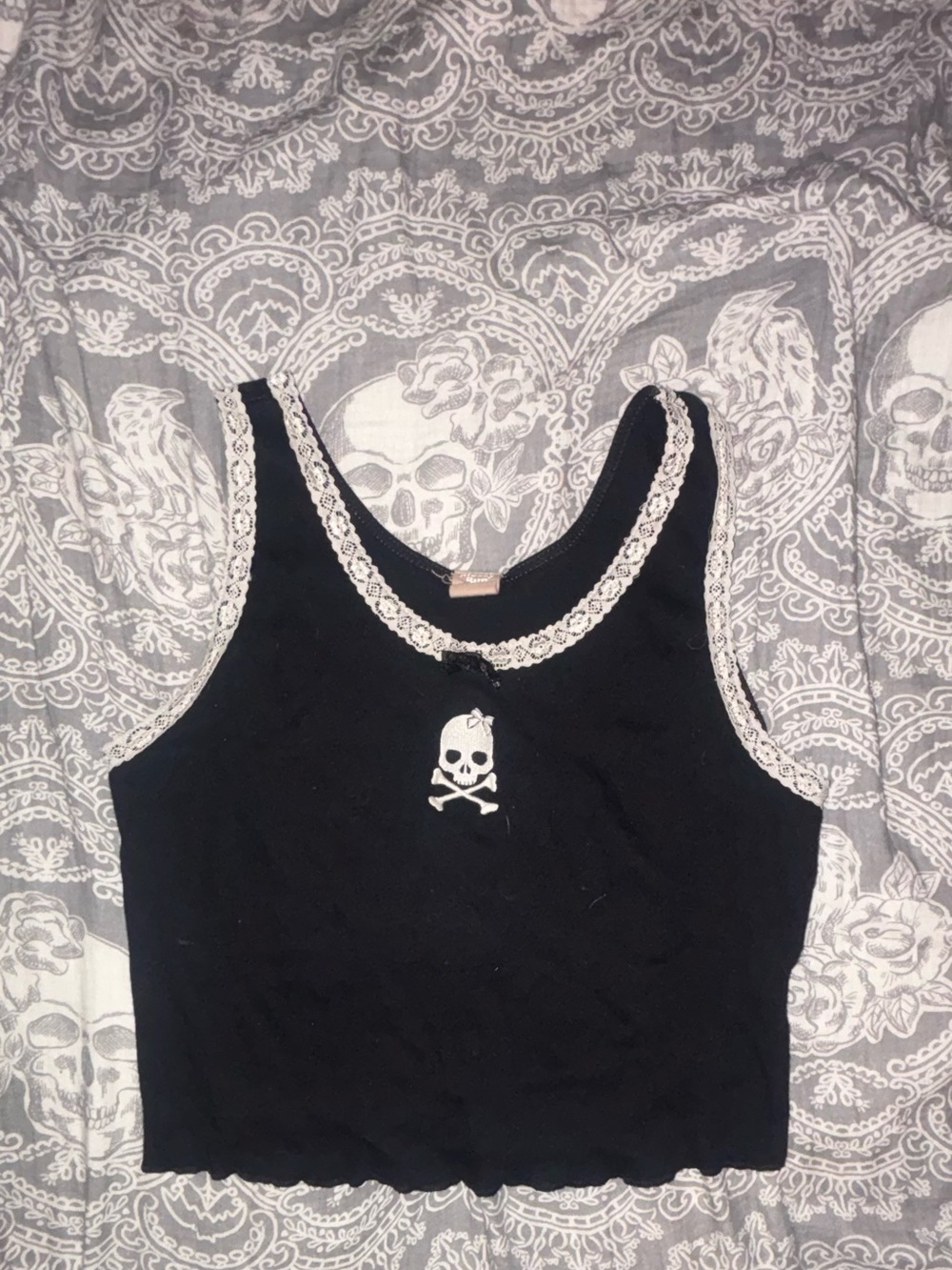 Black Cropped Tank with Lace Trim and Skull Emblem